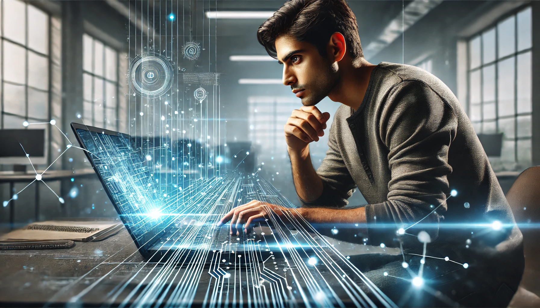 DALL·E 2025-02-01 11.51.53 - A detailed and realistic rectangular image of a focused 30-year-old Indian man working intently on his laptop. The laptop screen displays a futuristic